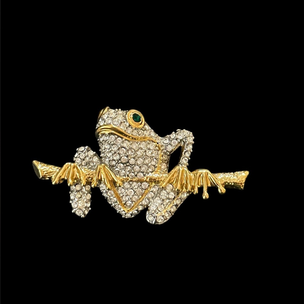 Vintage blinged out frog brooch, sparkly rhinestones gold tone